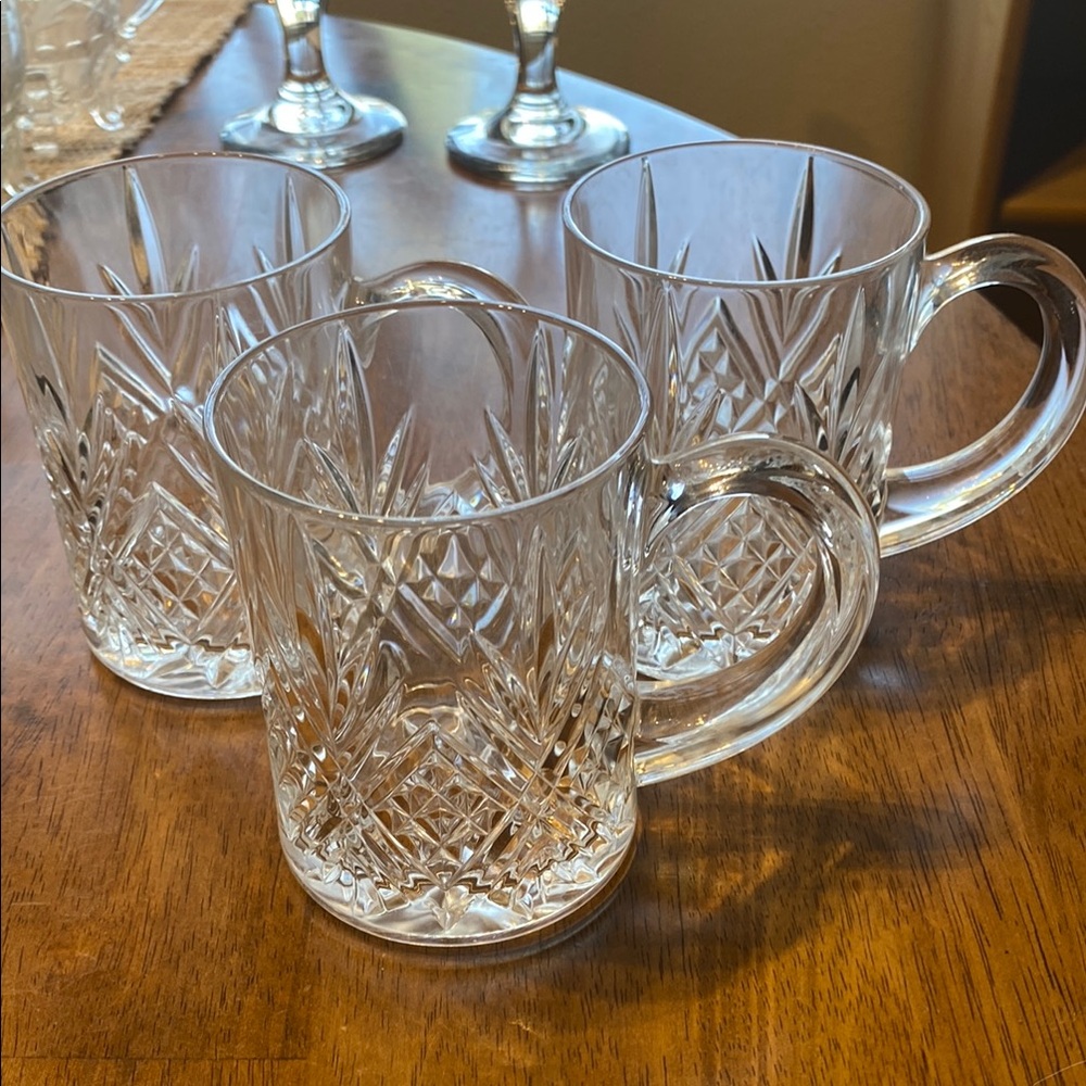 Vintage 1970 Paul Sebastian cut crystal mugs set of 3. Diamond and fan pattern